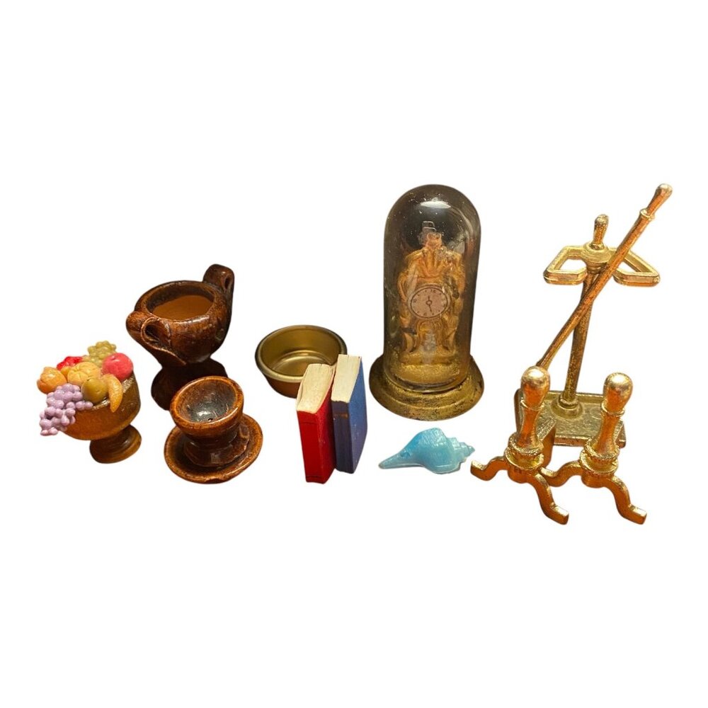 Miniature Dollhouse Accessories Gold Clock‎ +Glass Dome pottery fireplace tools